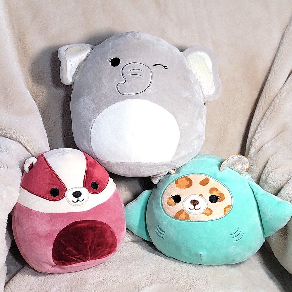 3 Squishmallow Animal Lot - Matias Badger Lexie Cheetah & Cherish Elephant